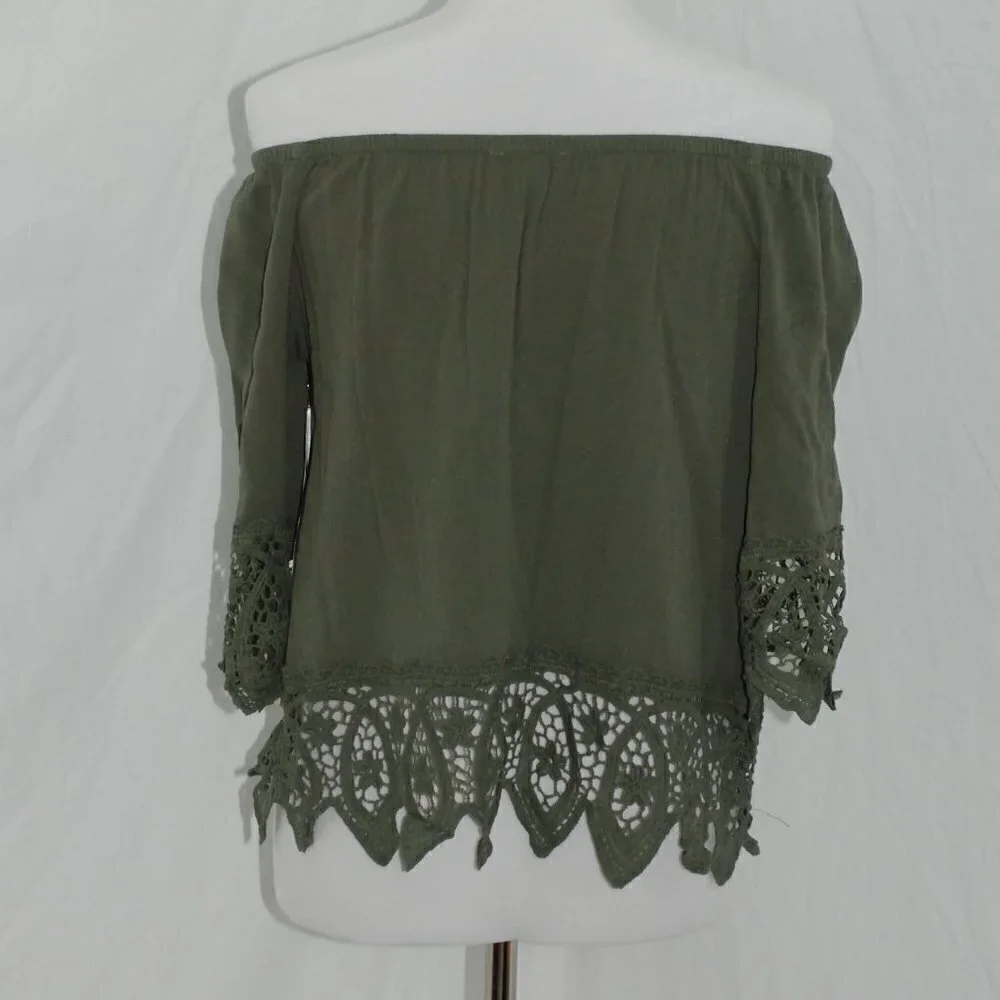 NWT Womens Medium la miel by Hyped Unicorn BOHO Forest Green Crochet Top Shirt
